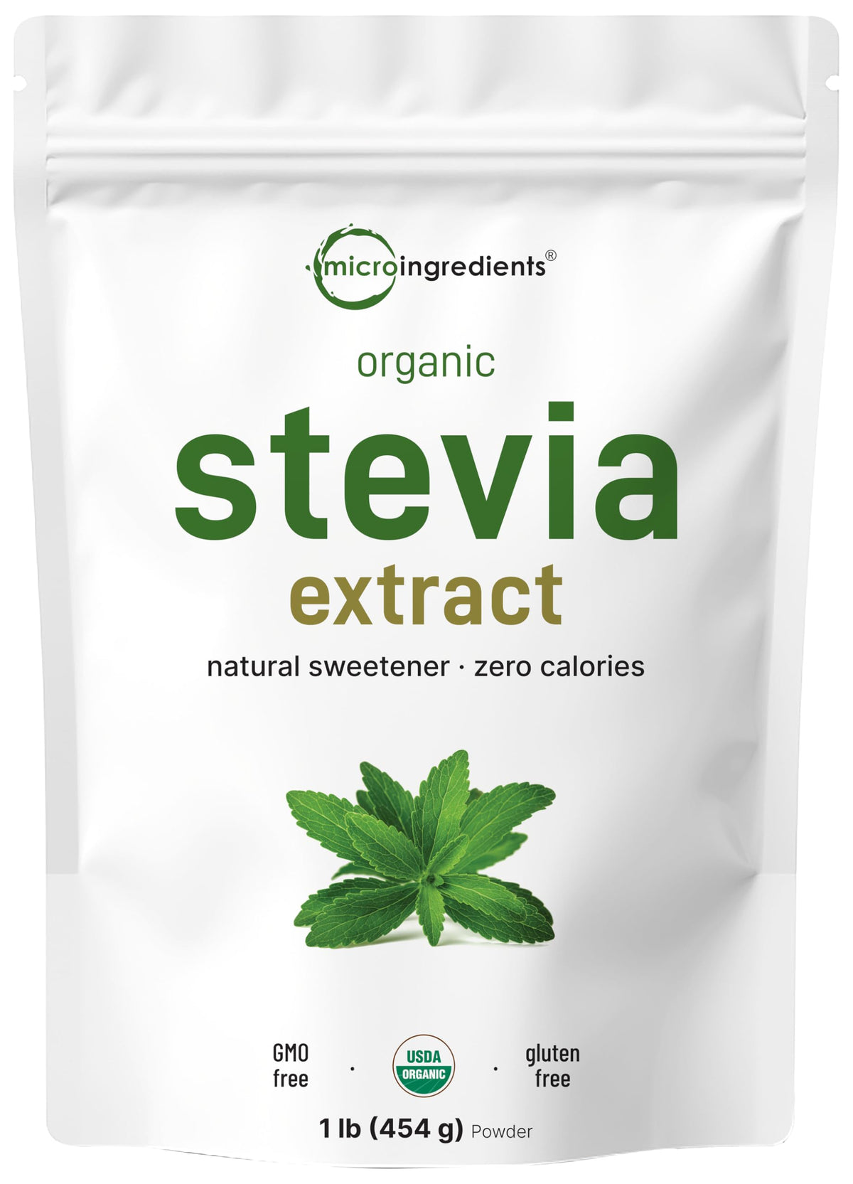 Micro Ingredients Stevia Powder tub showing pure organic sweetener for baking and beverages.