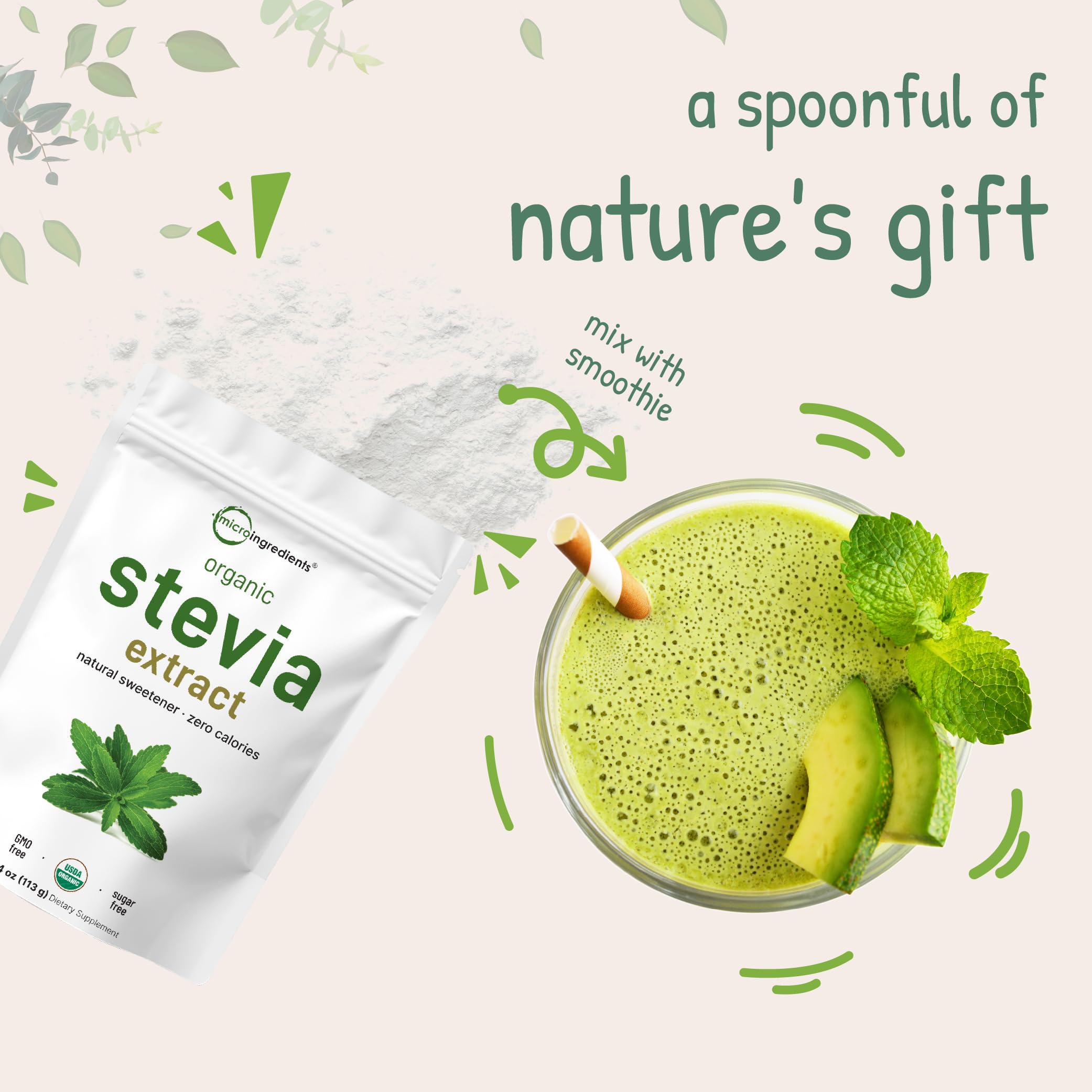 Micro Ingredients Zero Calorie Stevia Powder showcases calorie-free sweetness.