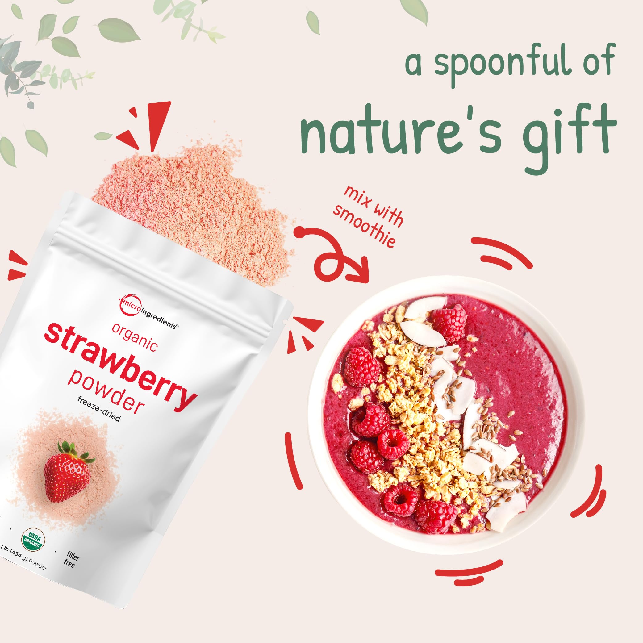 Micro Ingredients strawberry powder blends easily into yogurt or desserts for fruity notes