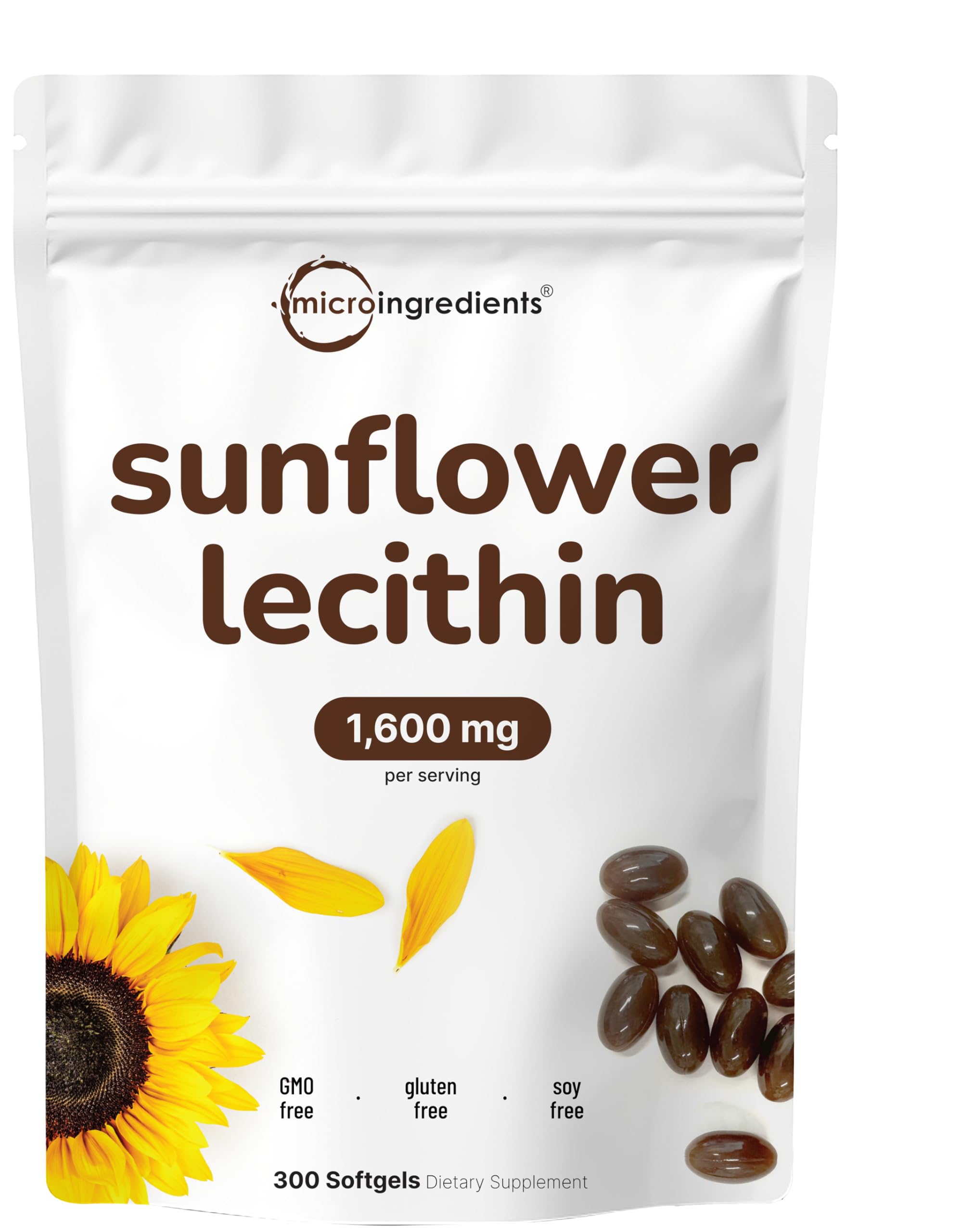 Micro Ingredients Sunflower Lecithin bottle front shows soy-free, non-GMO formula for emulsification support.