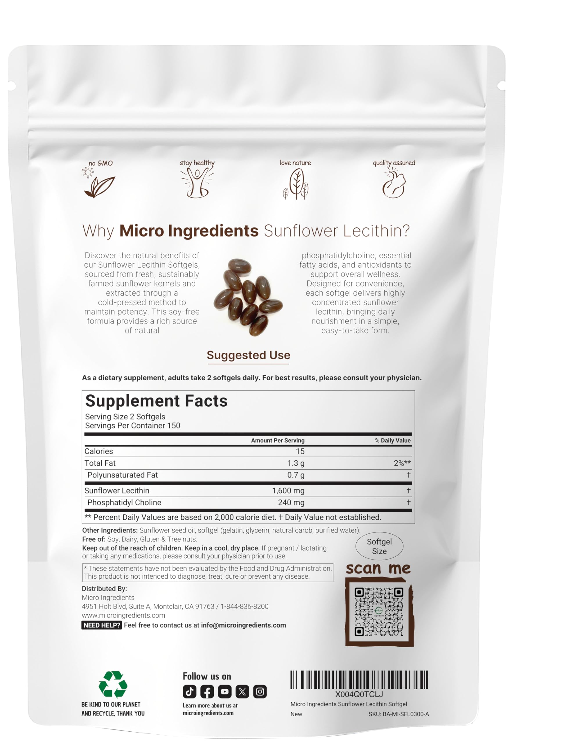 Micro Ingredients Sunflower Lecithin softgels close-up highlights 1,600 mg per serving.