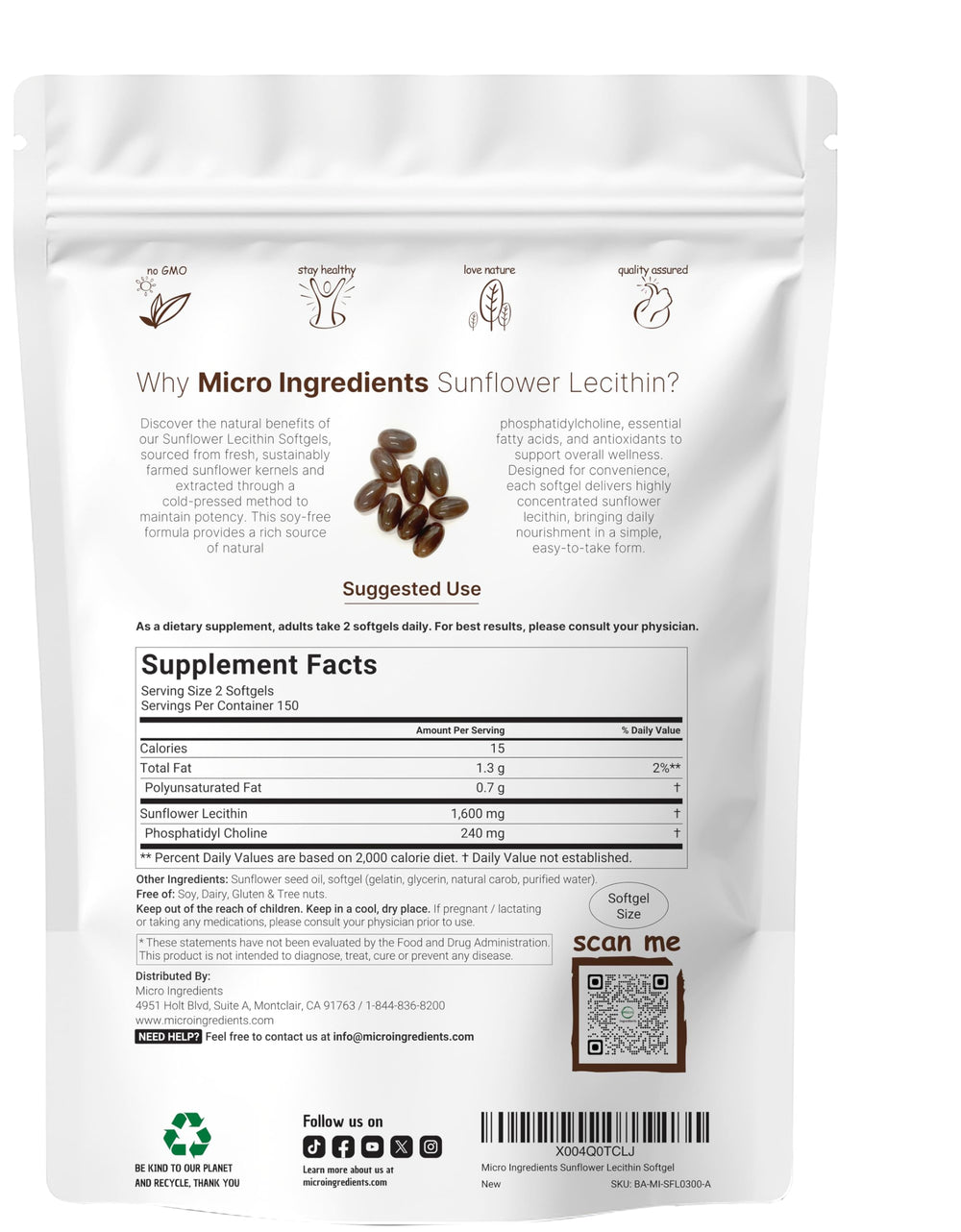 Micro Ingredients Sunflower Lecithin softgels close-up highlights 1,600 mg per serving.