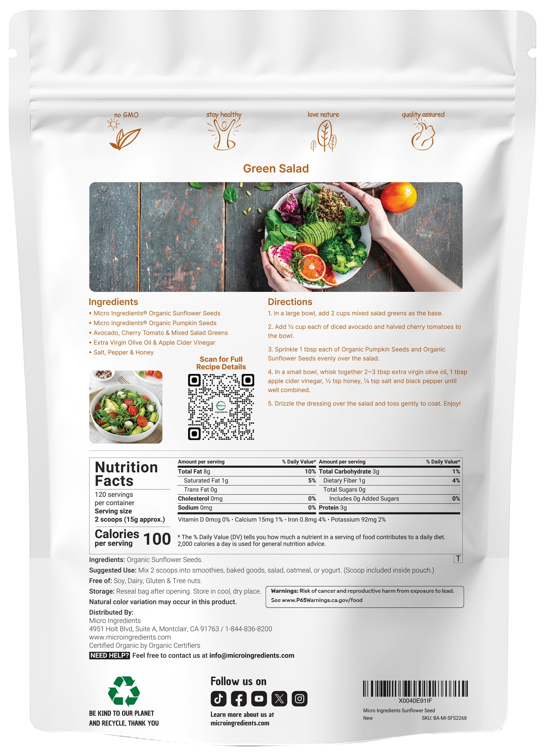 Micro Ingredients Organic Sunflower Seeds 4lb bulk pack for baking
