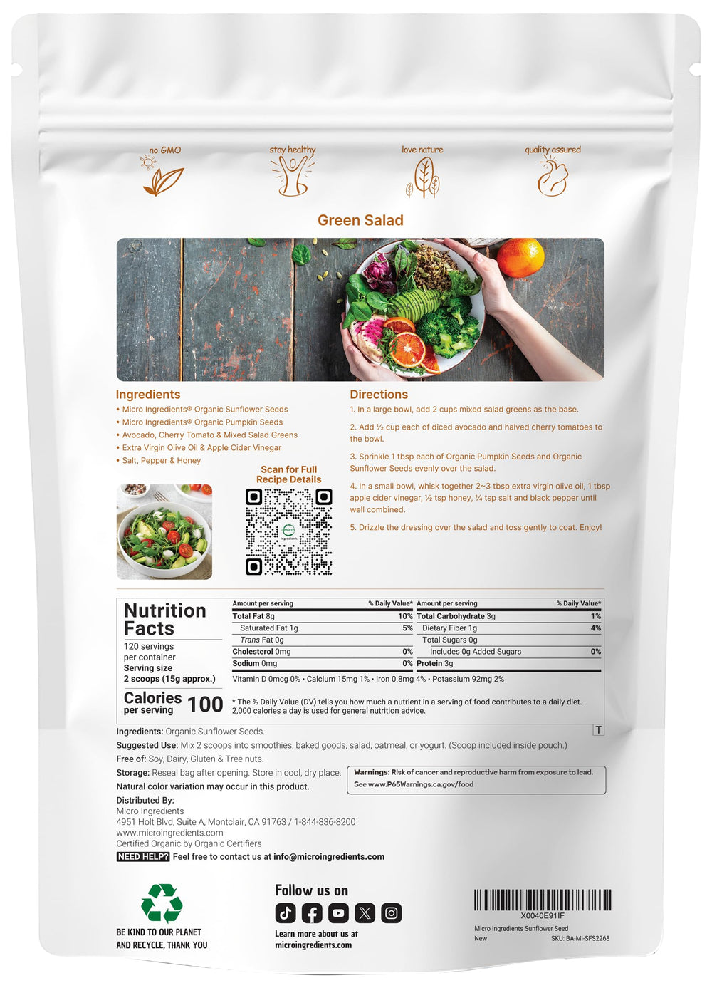 Micro Ingredients Organic Sunflower Seeds 4lb bulk pack for baking
