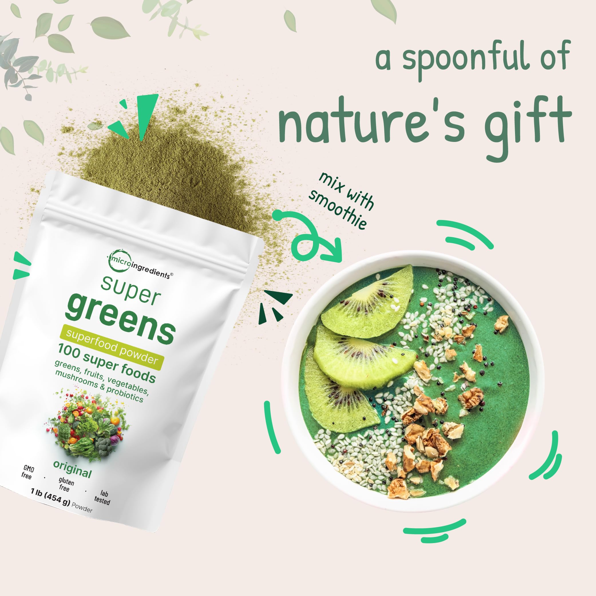 Micro Ingredients Super Greens Powder daily-use glass with a vibrant shake.