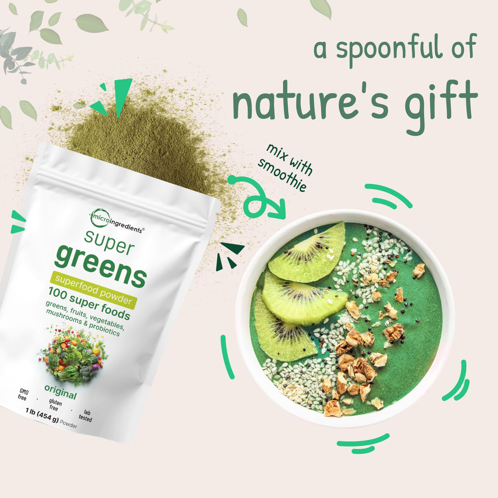 Micro Ingredients Super Greens Powder daily-use glass with a vibrant shake.