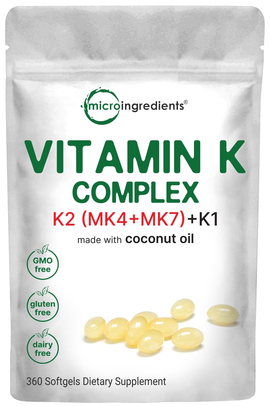 Micro Ingredients Super Vitamin K bottle with softgels for enhanced absorption potential.