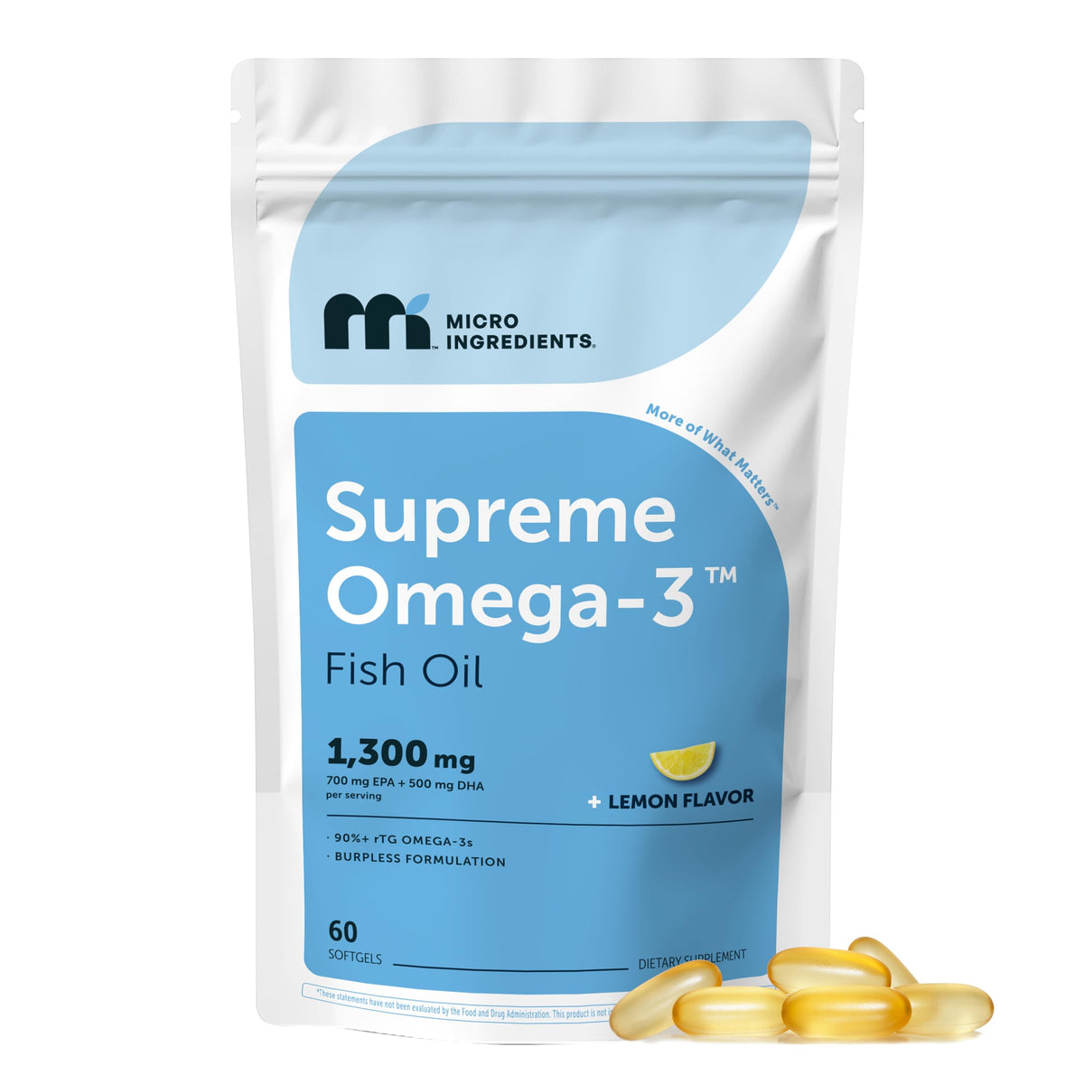 Micro Ingredients Supreme Omega-3 bottle with lemon label for easy swallowing.