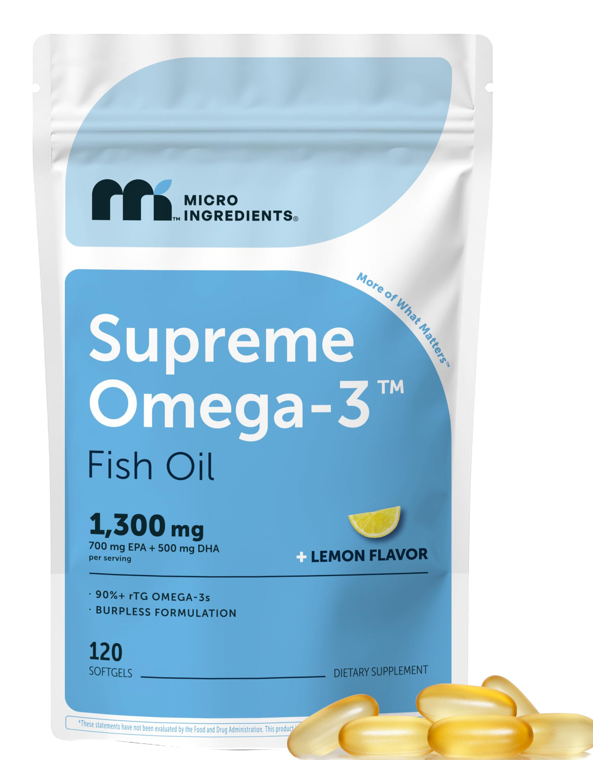 Micro Ingredients Supreme Omega-3 bottle with lemon-flavored burpless softgels for easy daily intake.