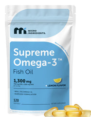 Micro Ingredients Supreme Omega-3 bottle with lemon-flavored burpless softgels for easy daily intake.