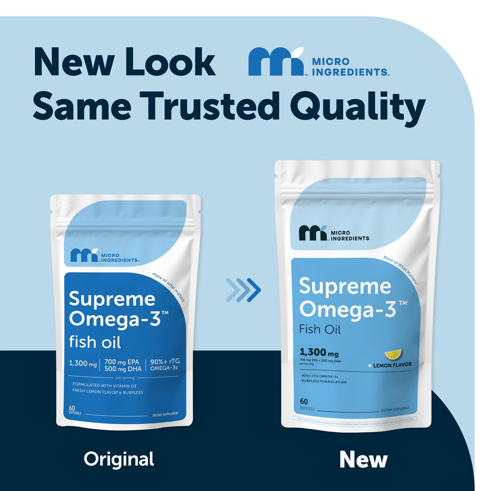 Micro Ingredients Omega-3 softgels with lemon flavor offering burpless ingestion.