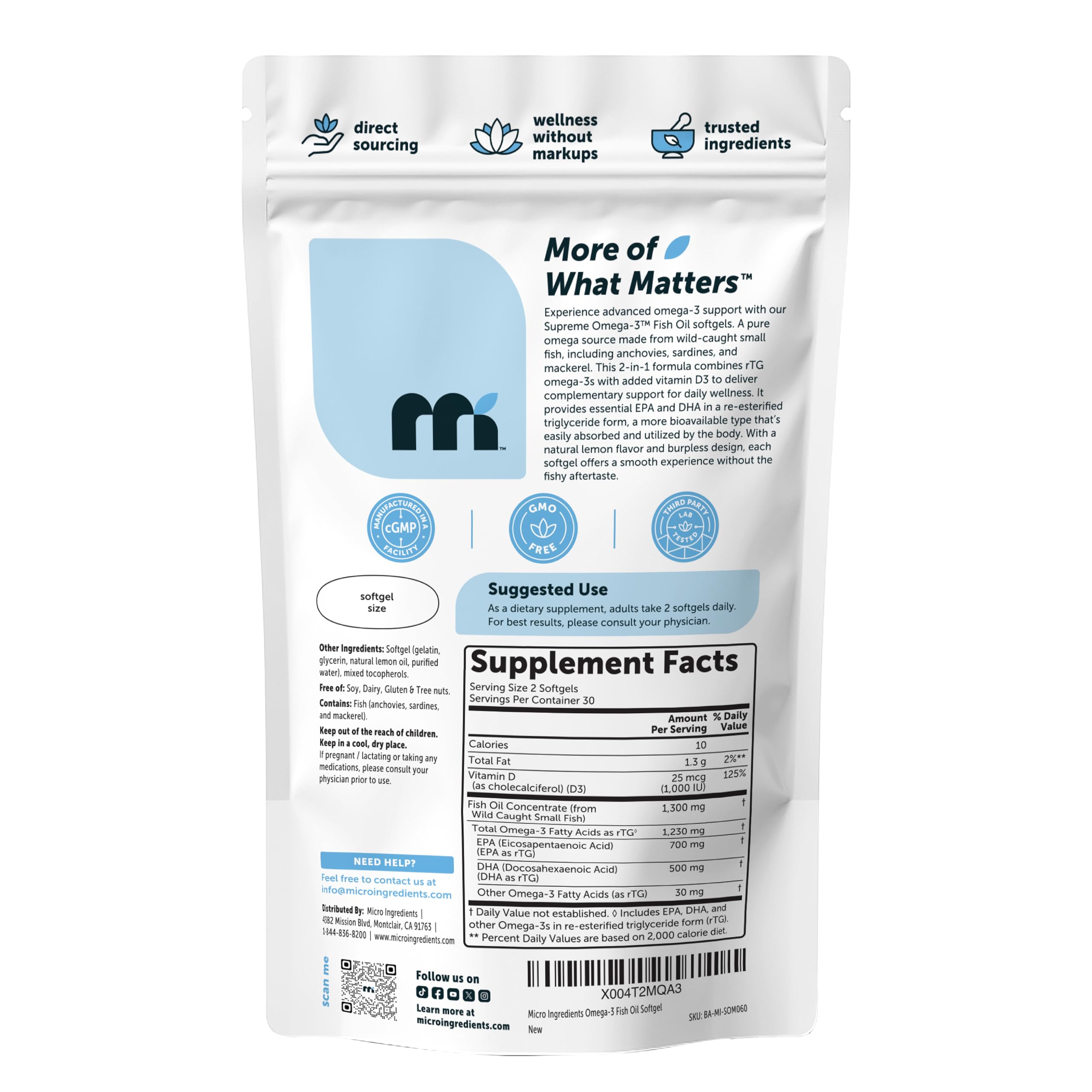 Third-party lab testing seal on Micro Ingredients Omega-3 bottle.