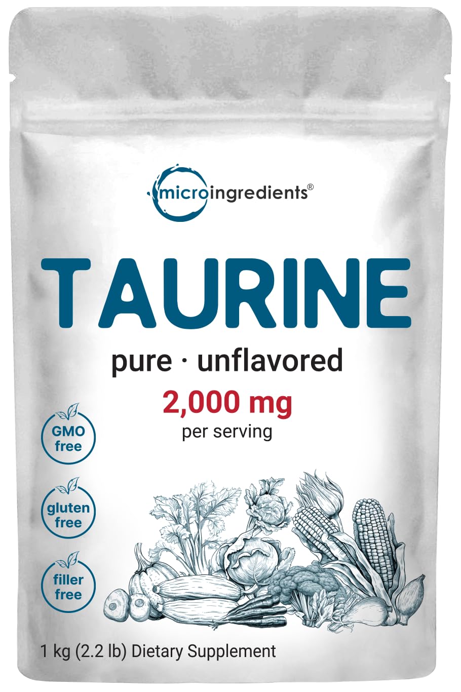 Micro Ingredients taurine powder pouch showing pure unflavored formula for easy mixing