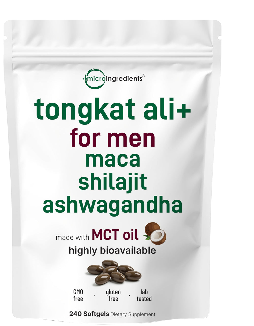 Micro Ingredients Tongkat Ali Softgels bottle showing concentrated blend for daily support