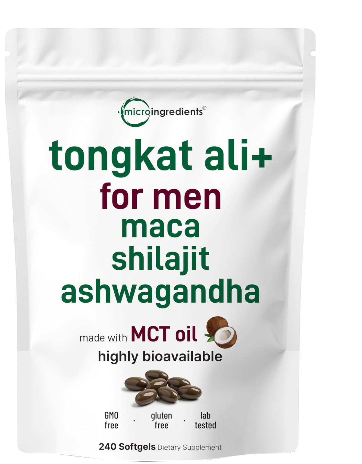Micro Ingredients Tongkat Ali Softgels bottle showing concentrated blend for daily support