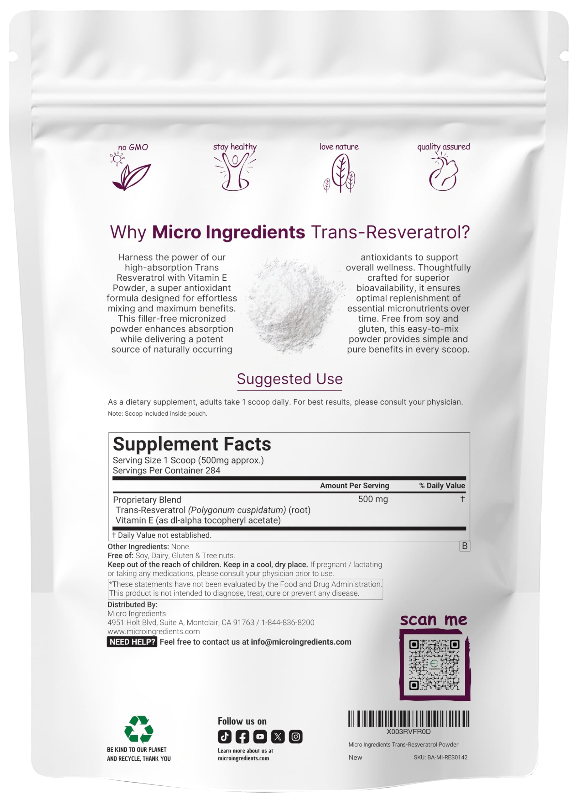 Micro Ingredients Trans-Resveratrol powder dissolving in water for easy mixing
