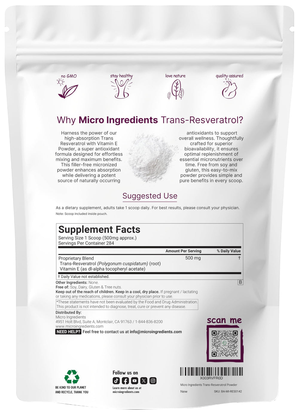 Micro Ingredients Trans-Resveratrol powder dissolving in water for easy mixing