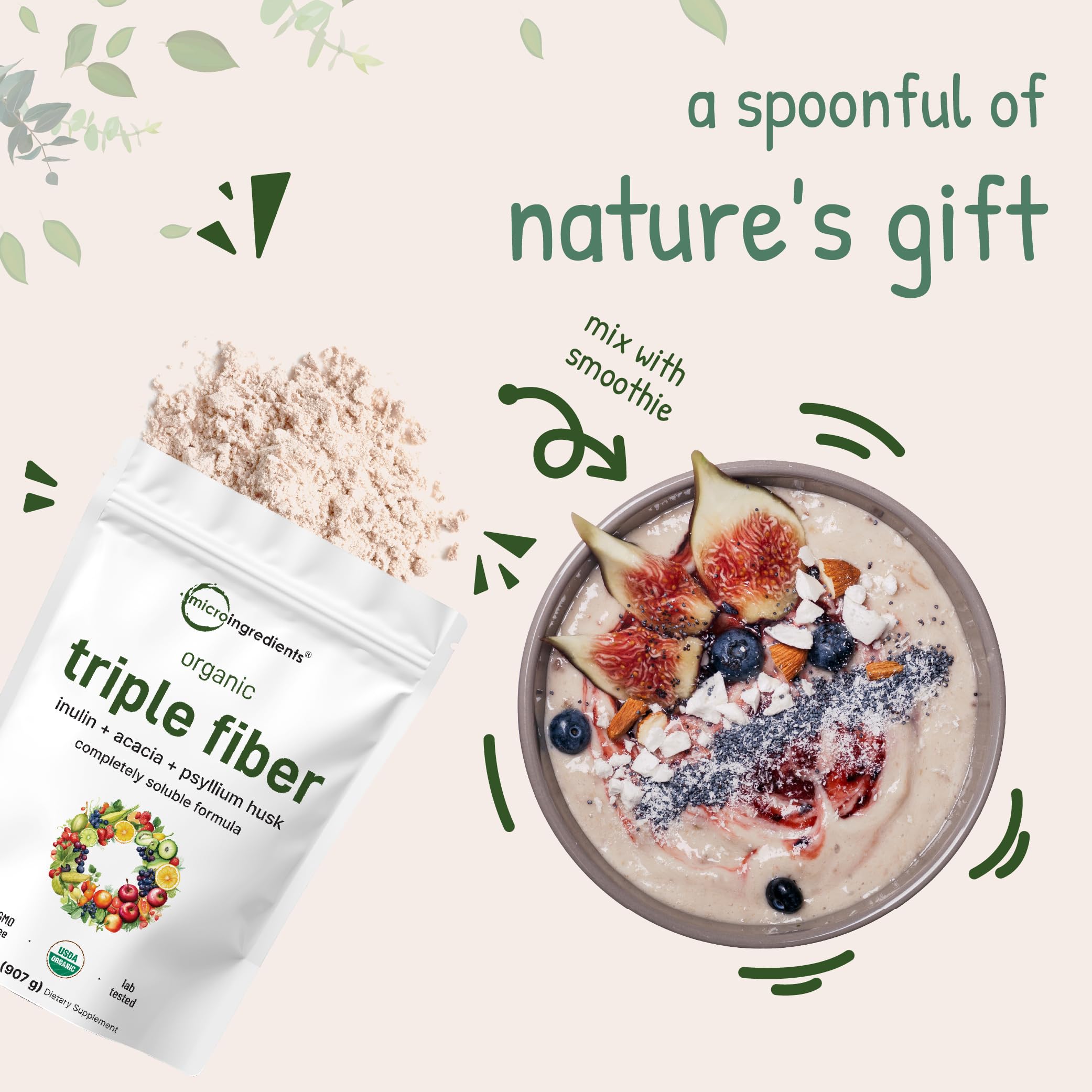 Micro Ingredients Organic Triple Fiber Powder 2-lb bag for long-lasting supply.