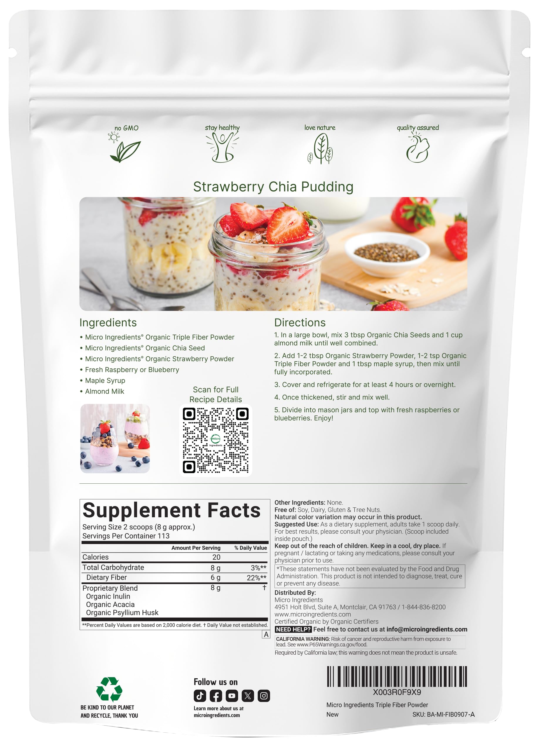 Micro Ingredients triple fiber powder spoon measures a convenient dose for easy use.