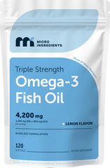Micro Ingredients triple-strength omega-3 bottle with lemon flavor for daily omega-3 intake.