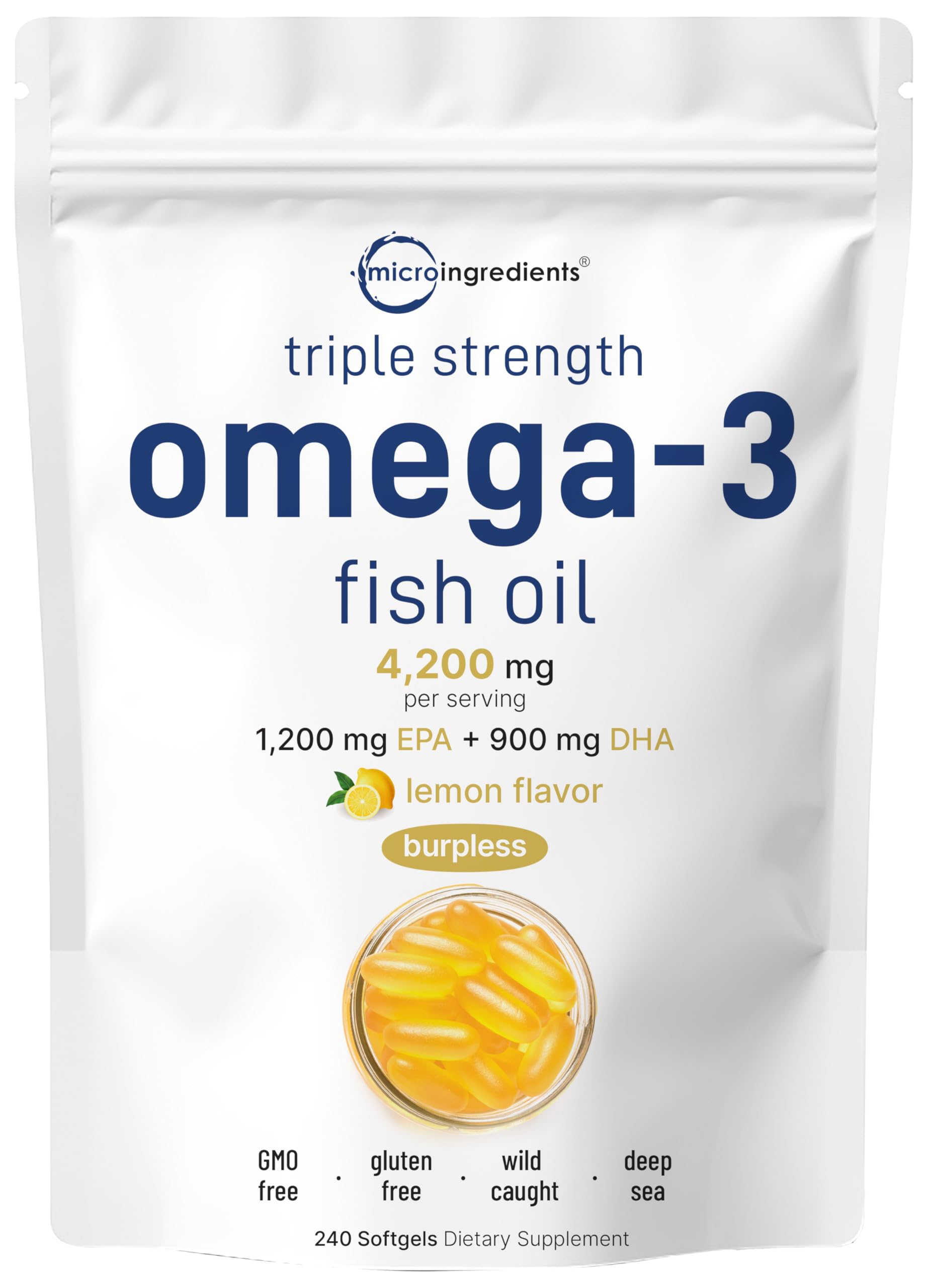Micro Ingredients triple-strength omega-3 bottle with high EPA and DHA per serving