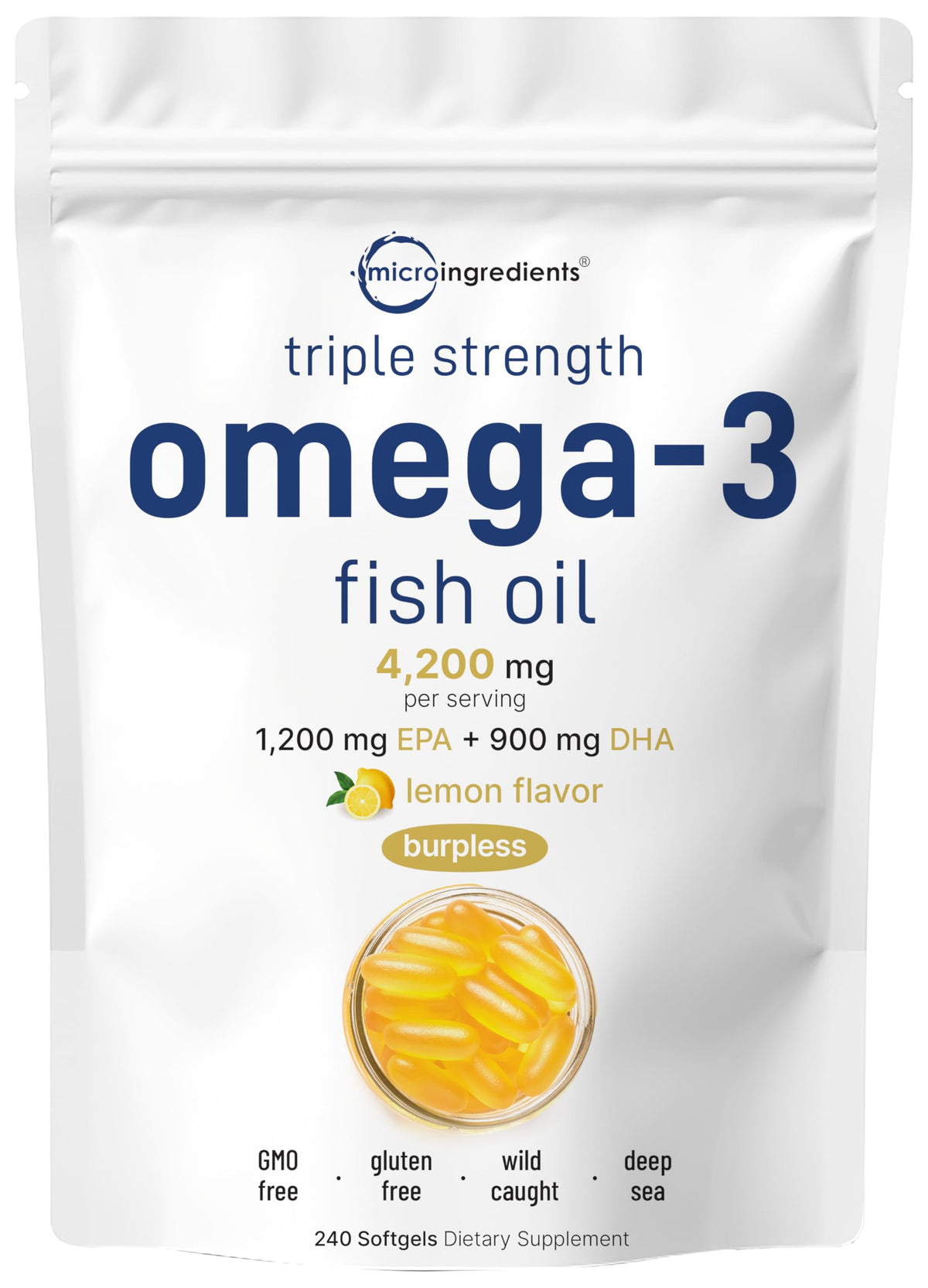 Micro Ingredients triple-strength omega-3 bottle with high EPA and DHA per serving