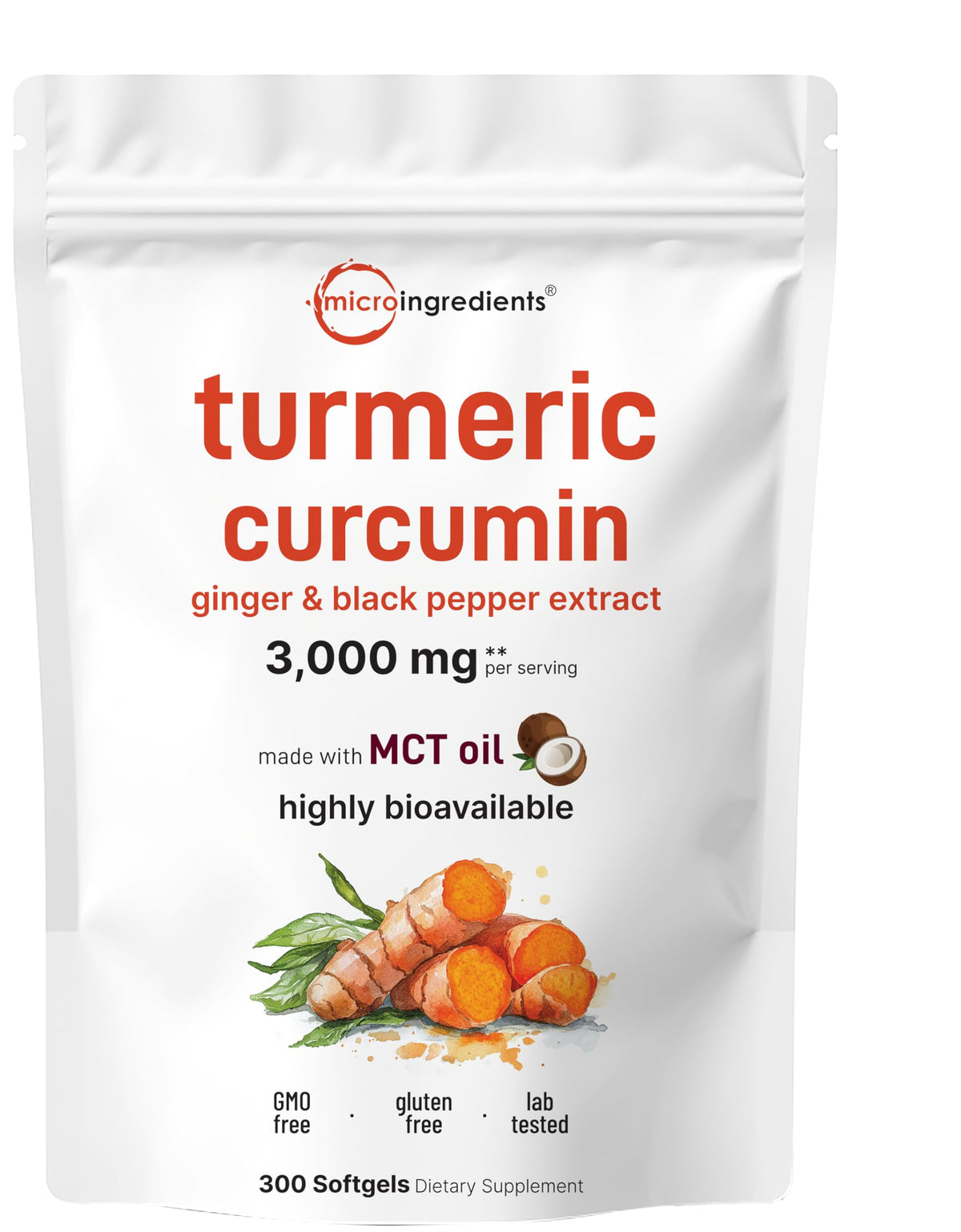 Micro Ingredients turmeric curcumin bottle highlighting 3000mg formula for daily wellness.