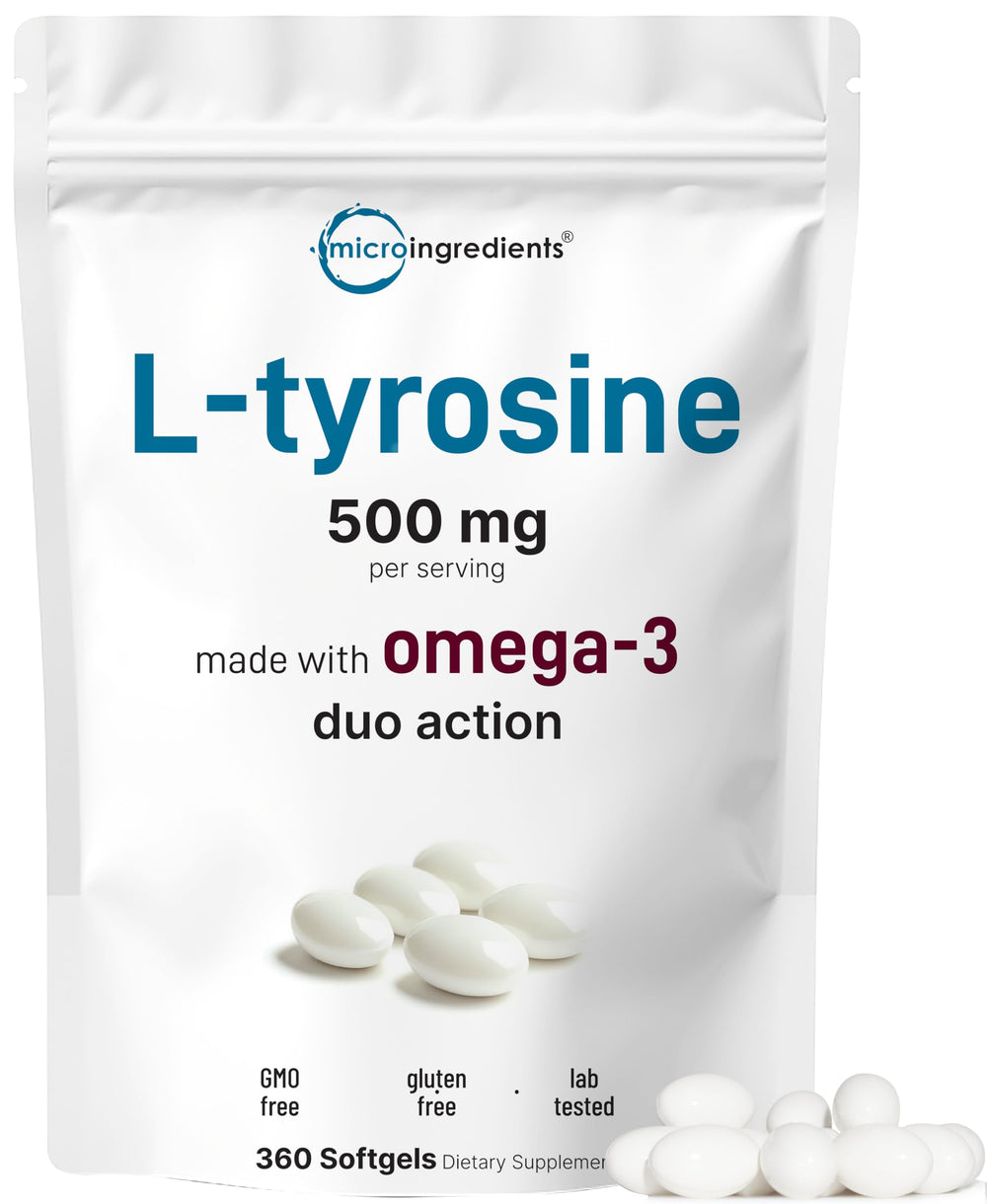 Micro Ingredients L-Tyrosine + Omega softgels bottle supports daily focus and balanced energy.
