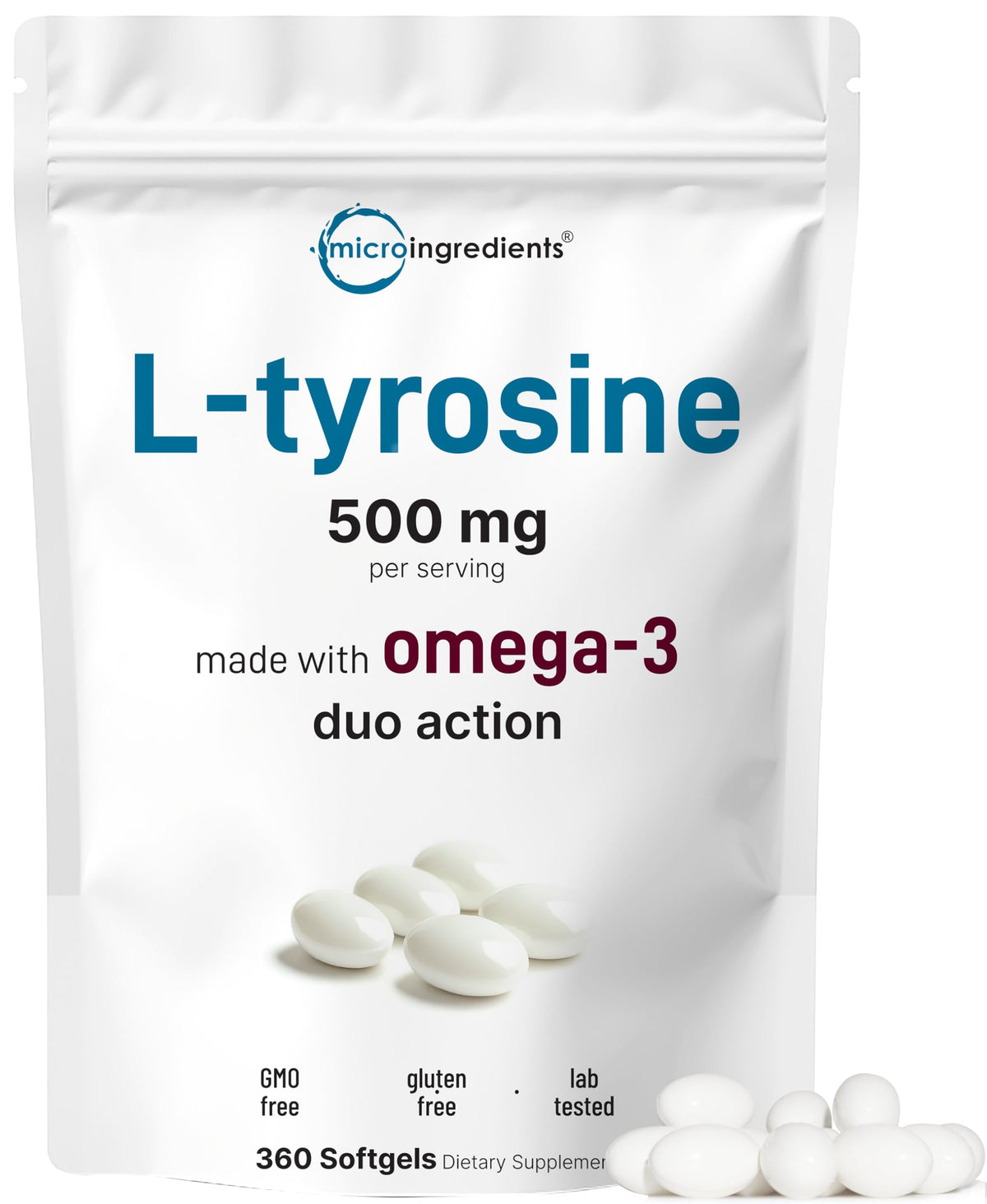 Micro Ingredients L-Tyrosine + Omega softgels bottle supports daily focus and balanced energy.