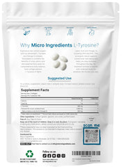 Micro Ingredients bottle label highlights duo-action tyrosine and flaxseed omega blend.
