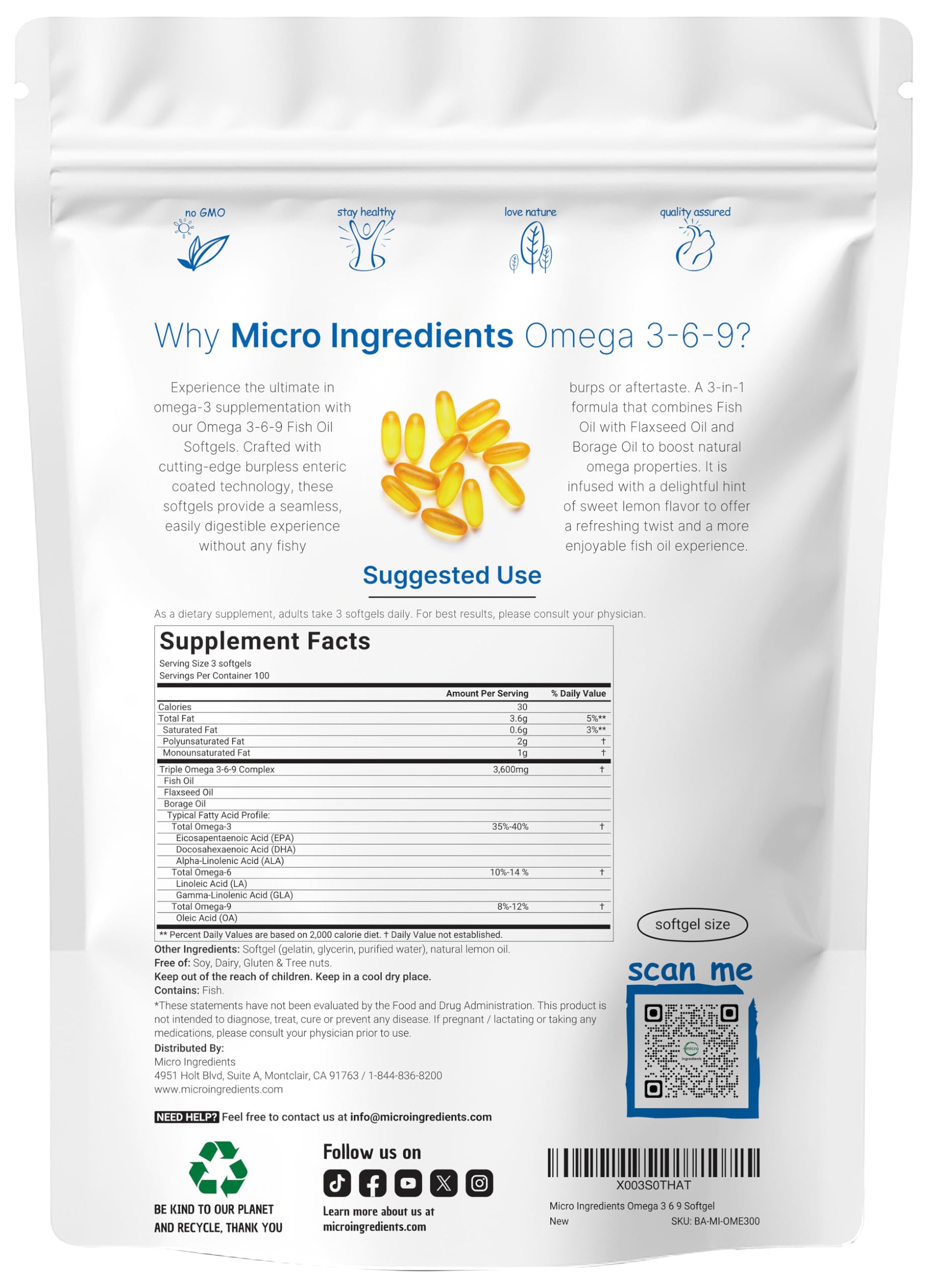 Micro Ingredients Ultra Omega 3-6-9 bottle back showing key ingredients and directions