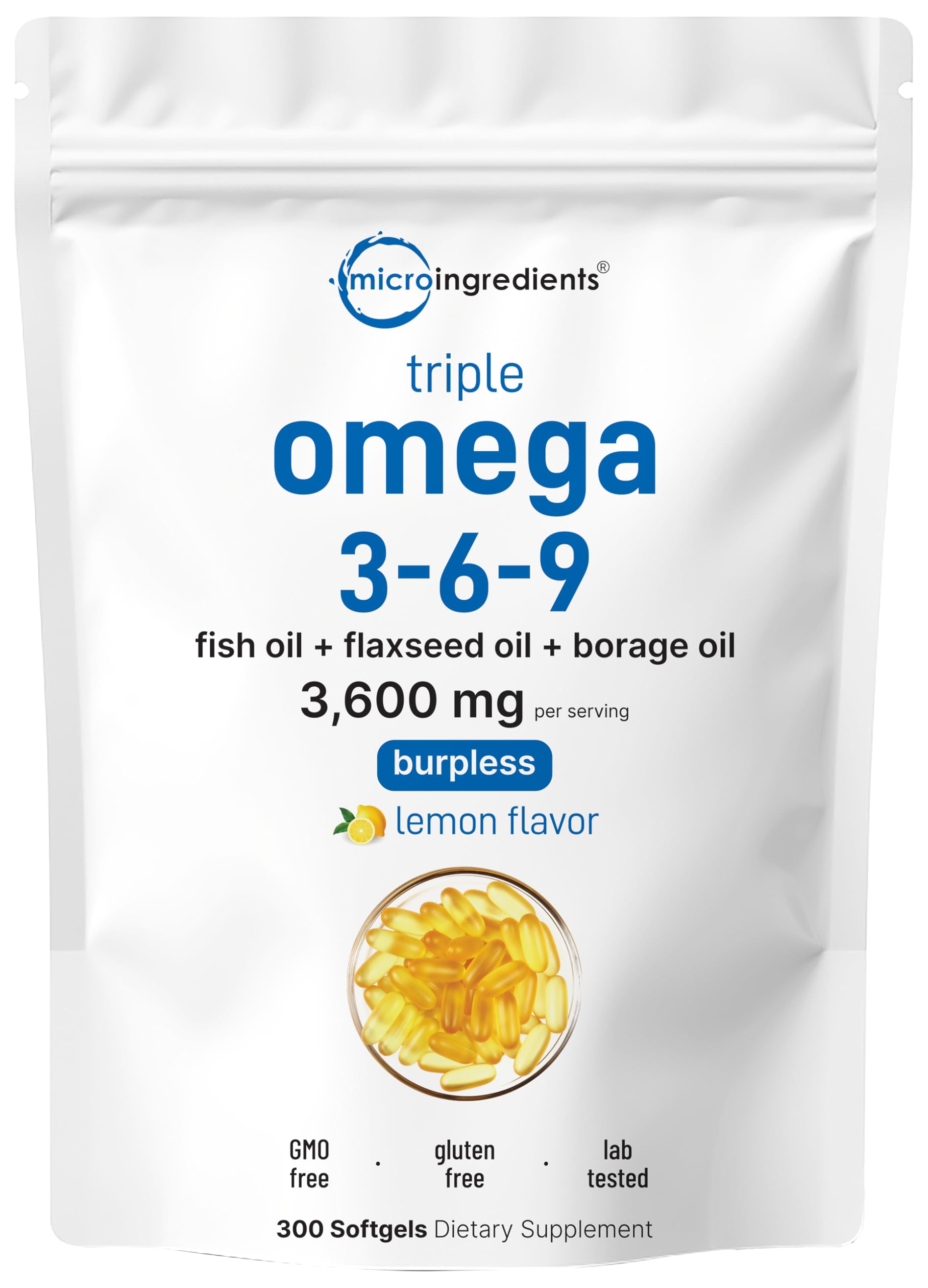 Micro Ingredients Ultra Omega 3-6-9 bottle front with lemon flavor for easy daily use