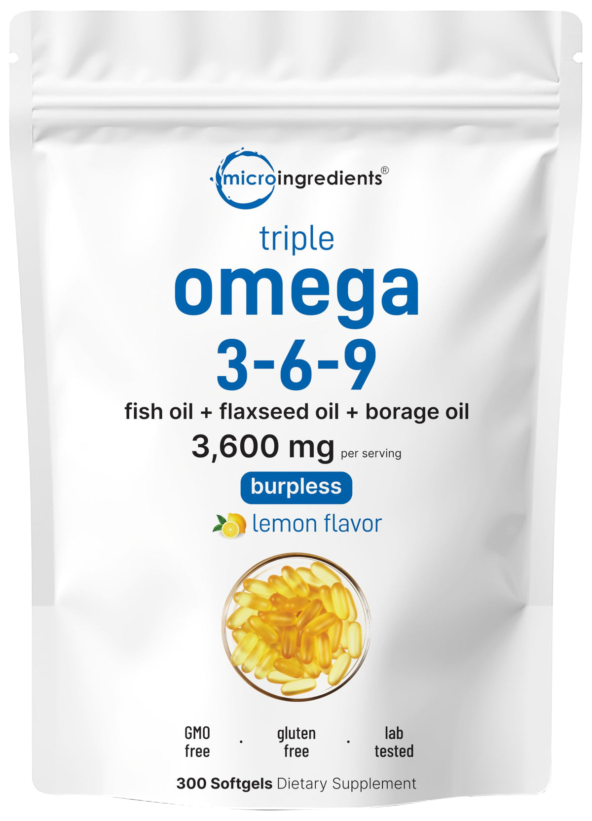 Micro Ingredients Ultra Omega 3-6-9 bottle front with lemon flavor for easy daily use