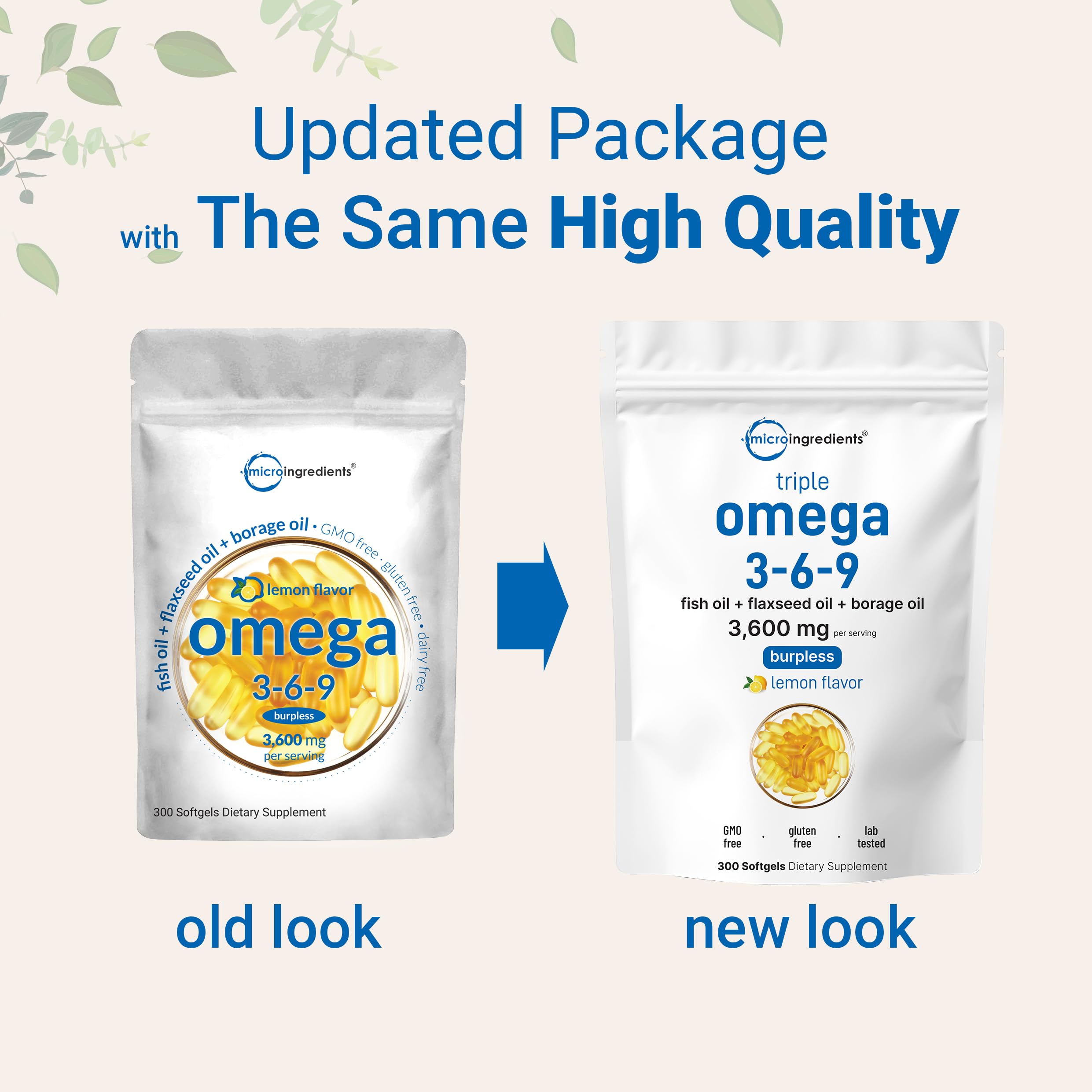 Micro Ingredients Ultra Omega 3-6-9 softgels close-up of burpless enteric coated capsules