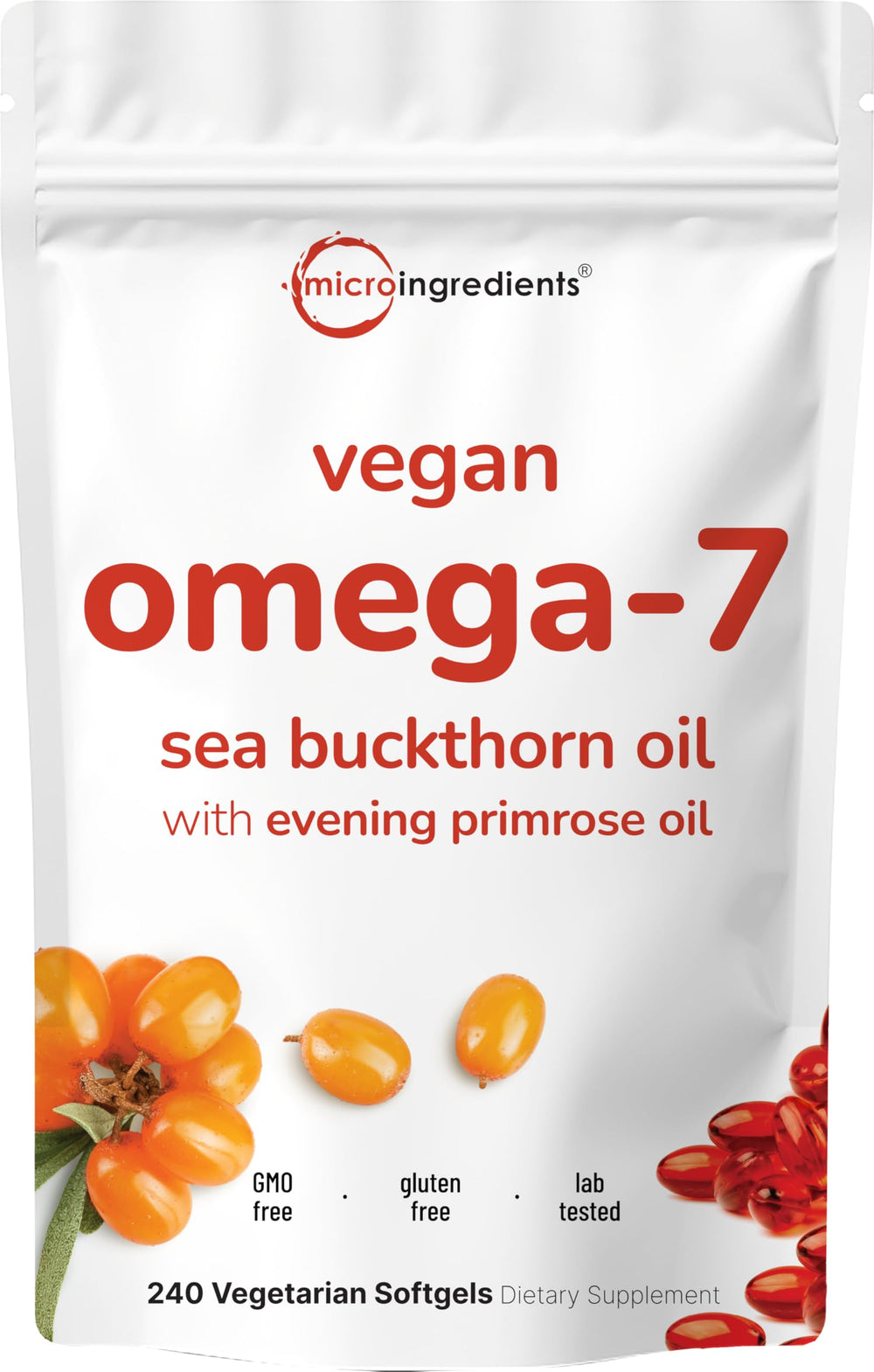 Micro Ingredients vegan omega-7 sea buckthorn oil bottle for daily plant-based support and convenient softgels.