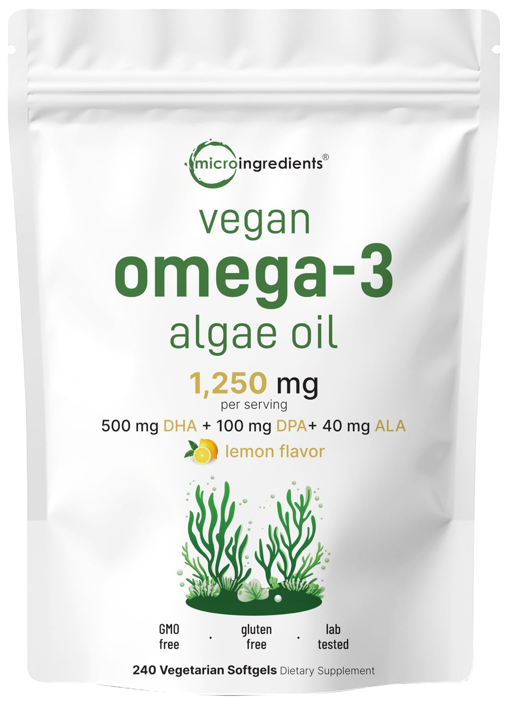 Micro Ingredients vegan omega-3 algae oil bottle, pure plant-based DHA for daily wellness.