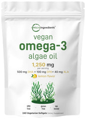 Micro Ingredients vegan omega-3 algae oil bottle, pure plant-based DHA for daily wellness.