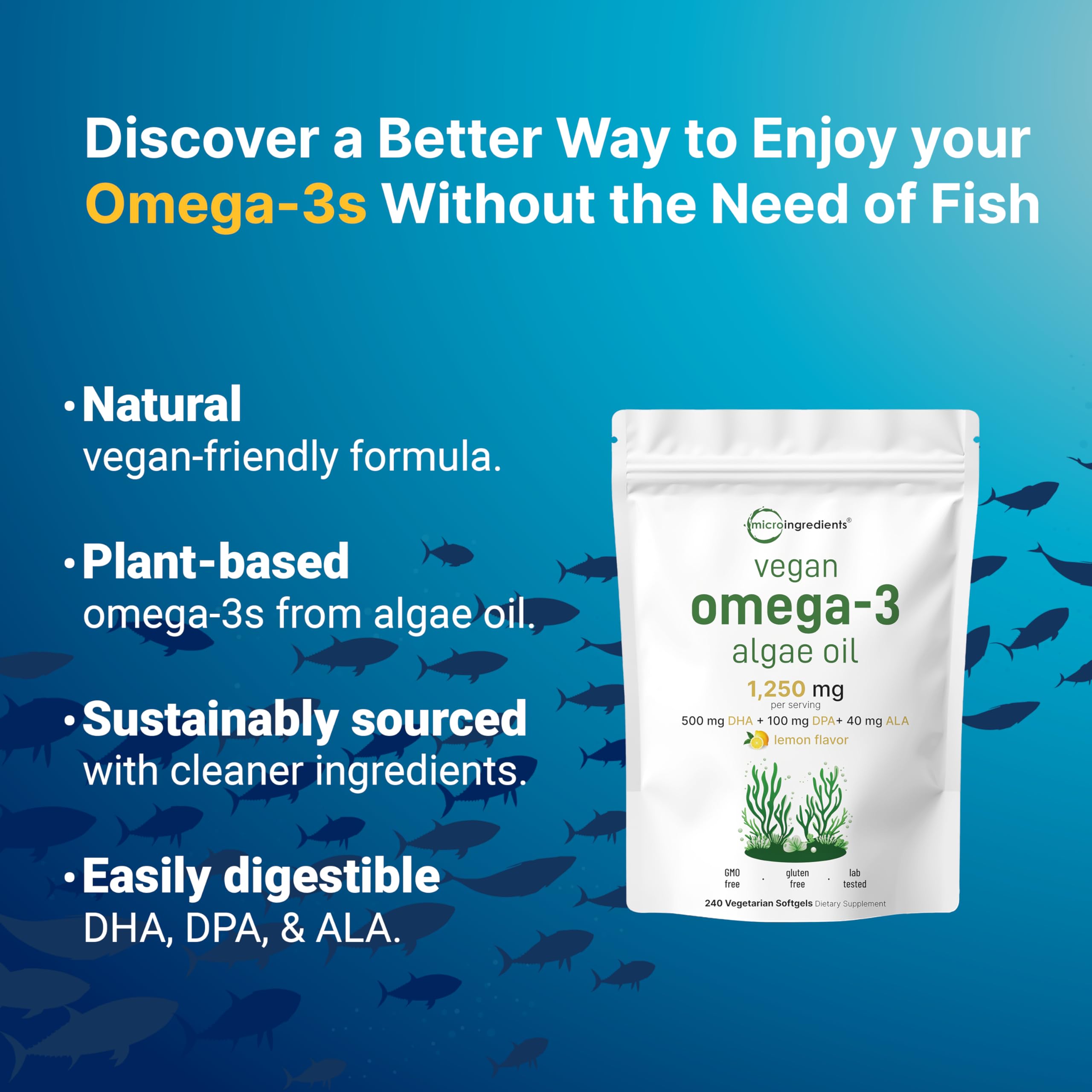 Micro Ingredients omega-3 algae oil pouch, convenient 240-count for ongoing daily use.