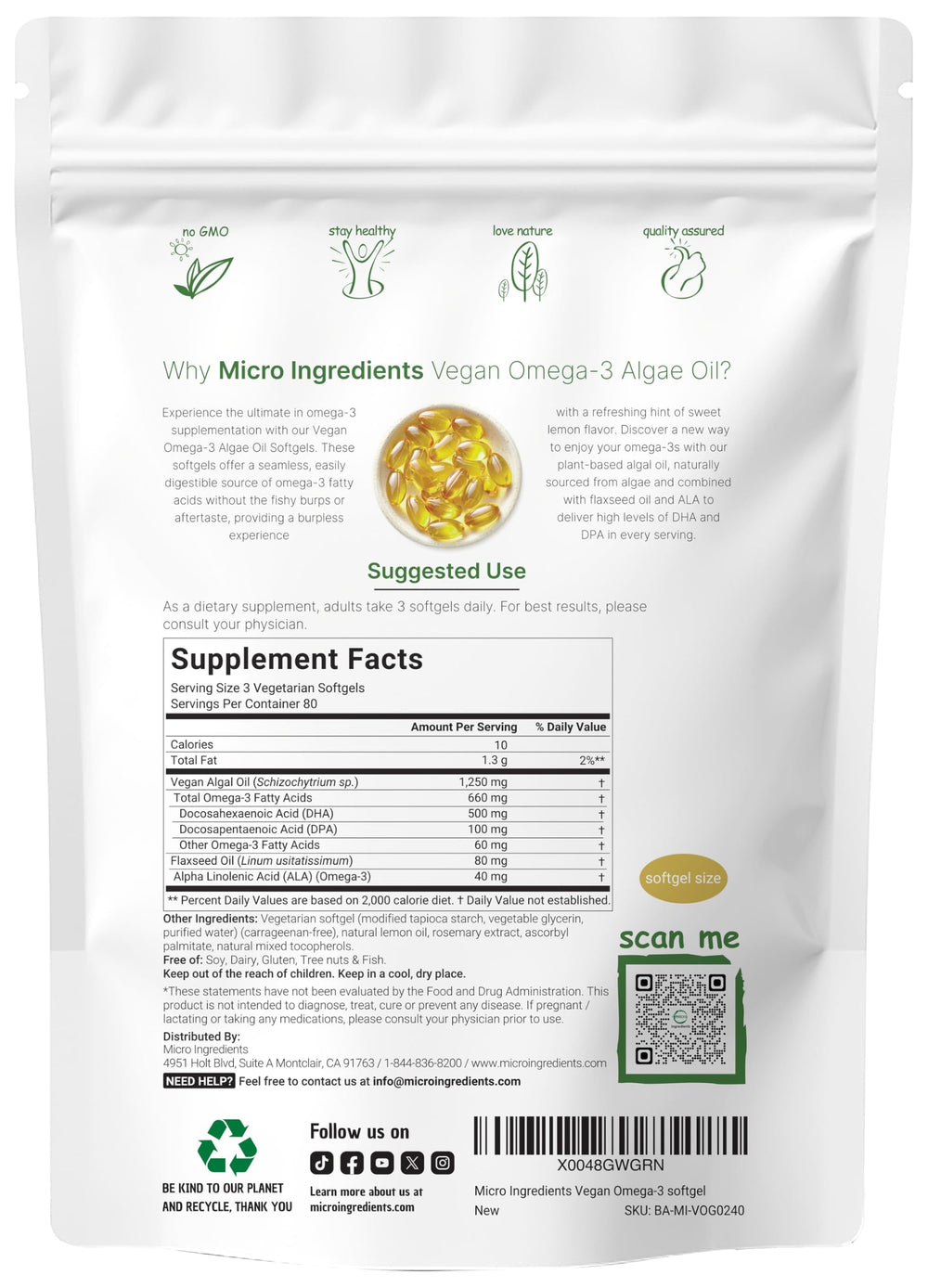 Close-up of Micro Ingredients algae oil softgels, smooth texture and easy ingestion.