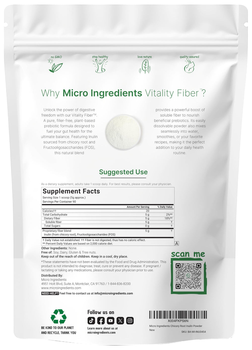 Micro Ingredients Vitality Fiber scoop measuring a 5 g serving