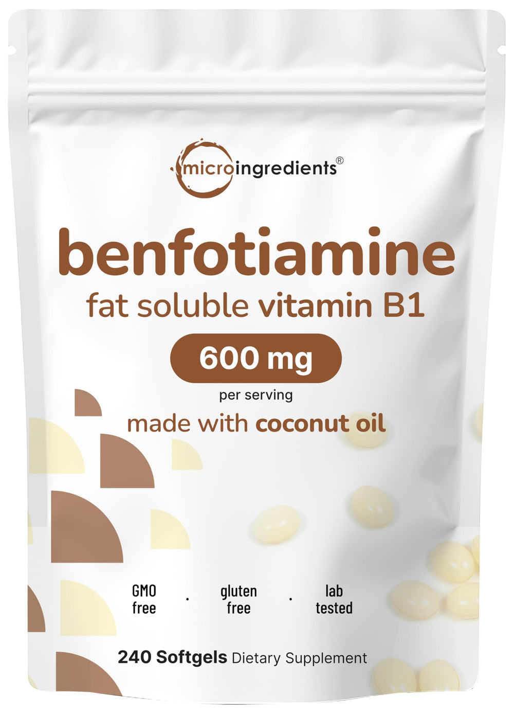 Micro Ingredients vitamin B1 benfotiamine softgels with coconut oil in bottle for easy daily supplementation.