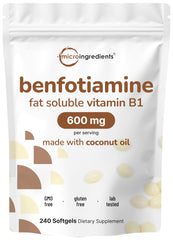 Micro Ingredients vitamin B1 benfotiamine softgels with coconut oil in bottle for easy daily supplementation.
