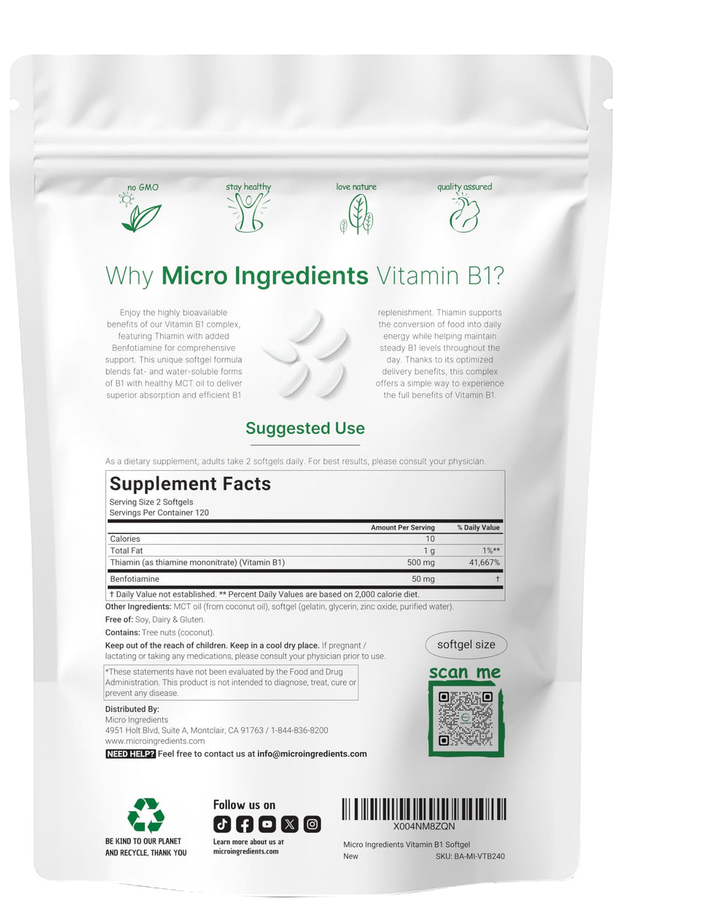 Micro Ingredients Vitamin B1 bottle with softgels ready for daily use and routine.