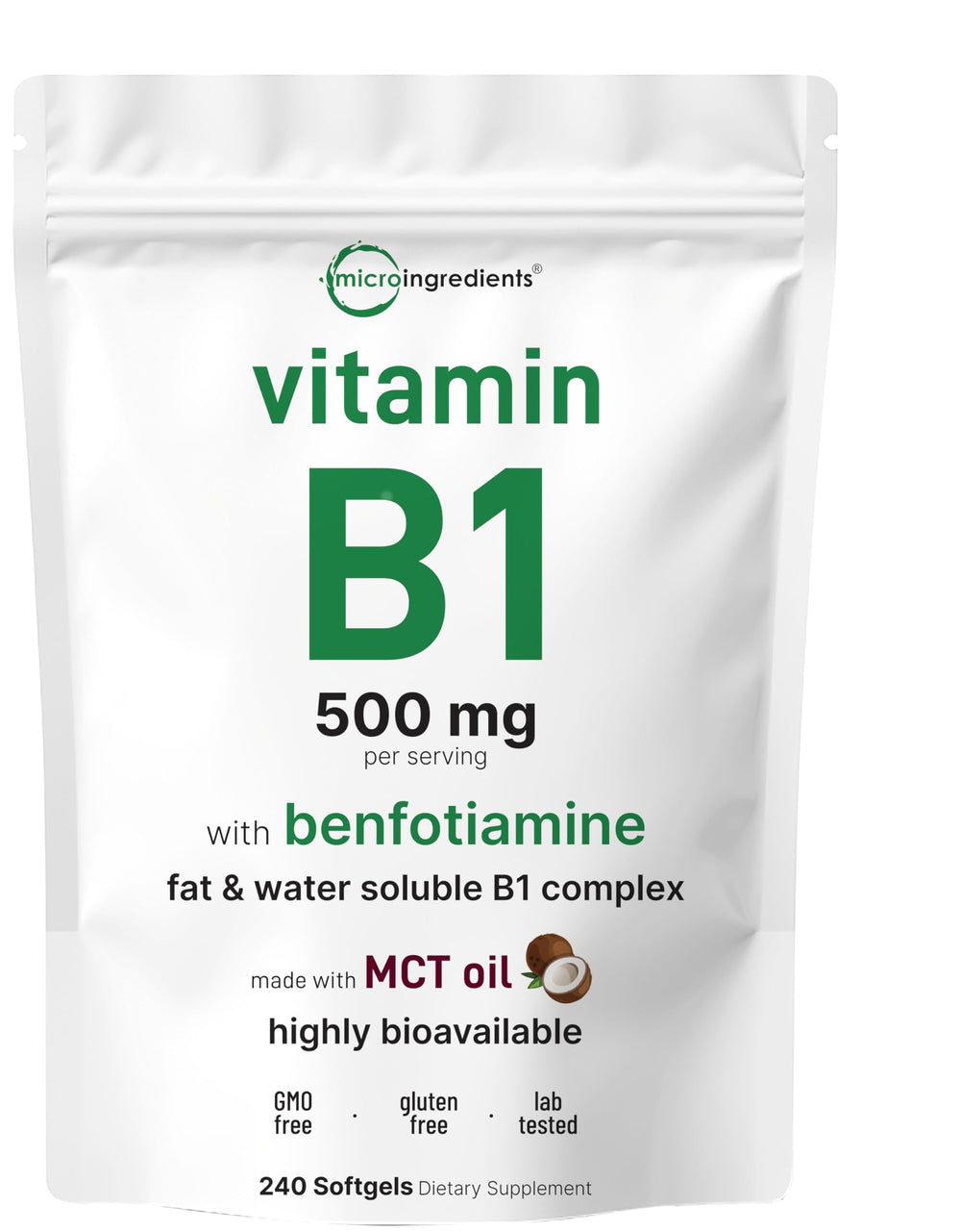Micro Ingredients Vitamin B1 softgels with MCT oil for gentle absorption and energy support.