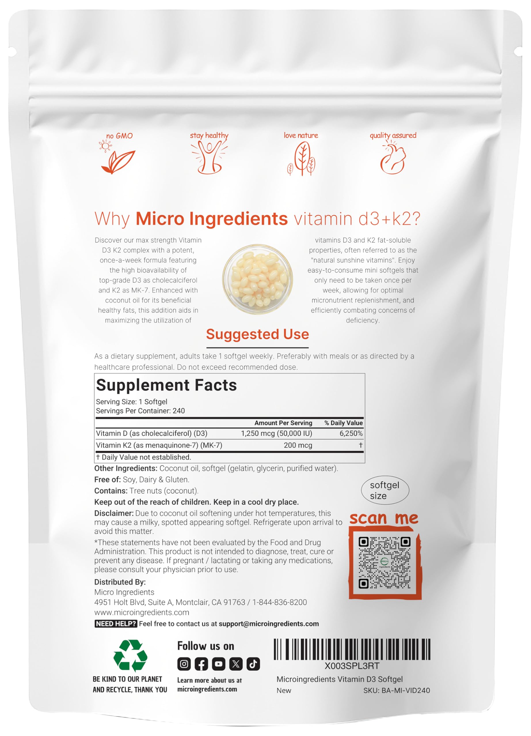 Micro Ingredients Vitamin D3 + K2 softgels back label detailing dosage guidance