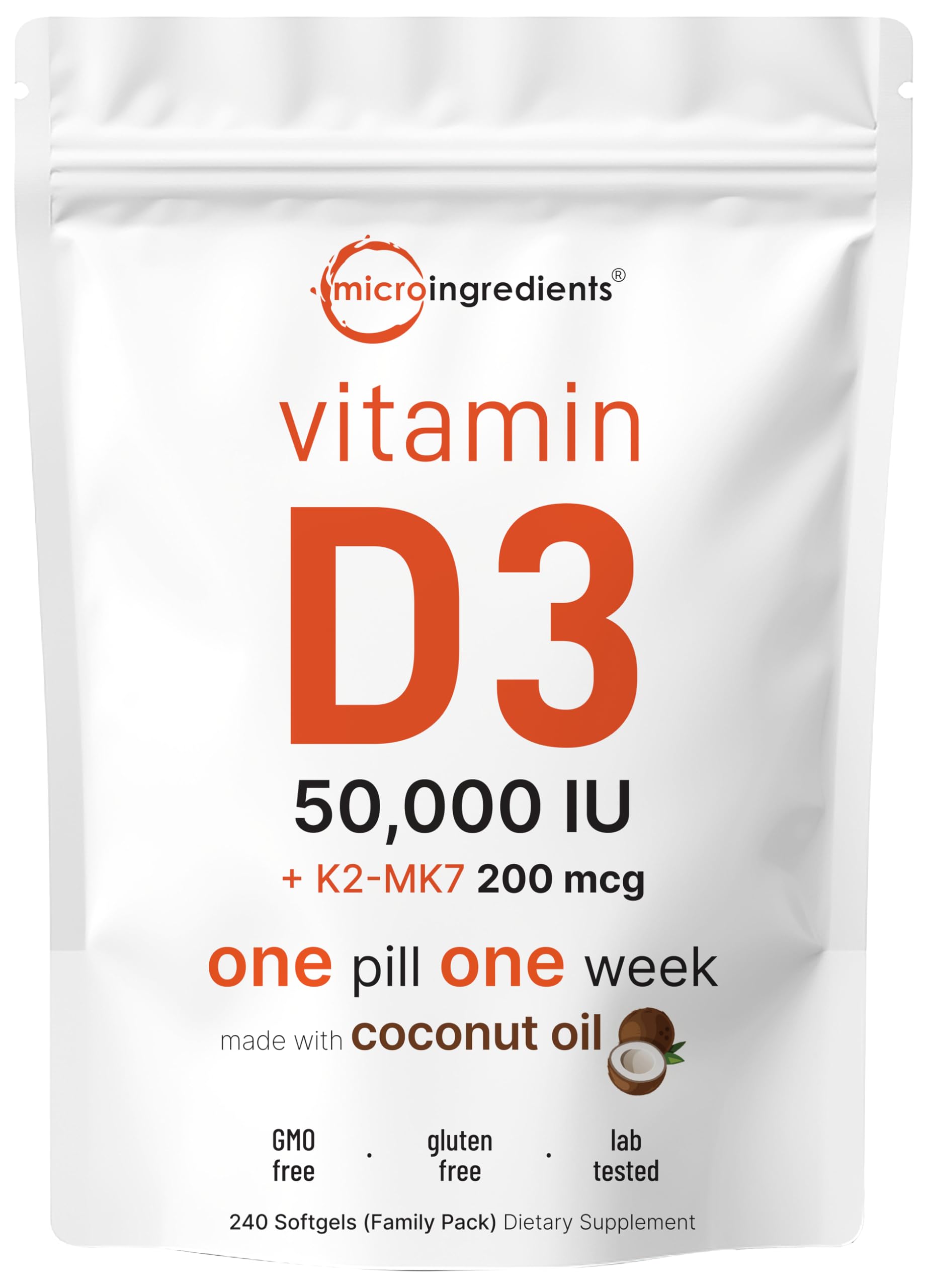 Micro Ingredients Vitamin D3 + K2 softgels front of bottle for weekly wellness support