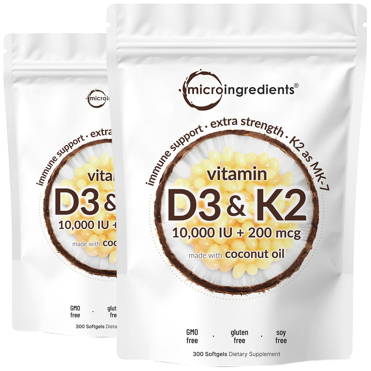 Micro Ingredients vitamin D3 + K2 bottle showing 2-in-1 formula for daily wellness.