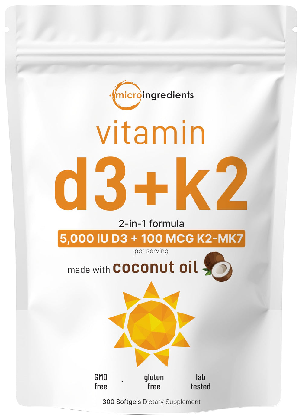 Micro Ingredients Vitamin D3 + K2 bottle shows 2-in-1 daily support.