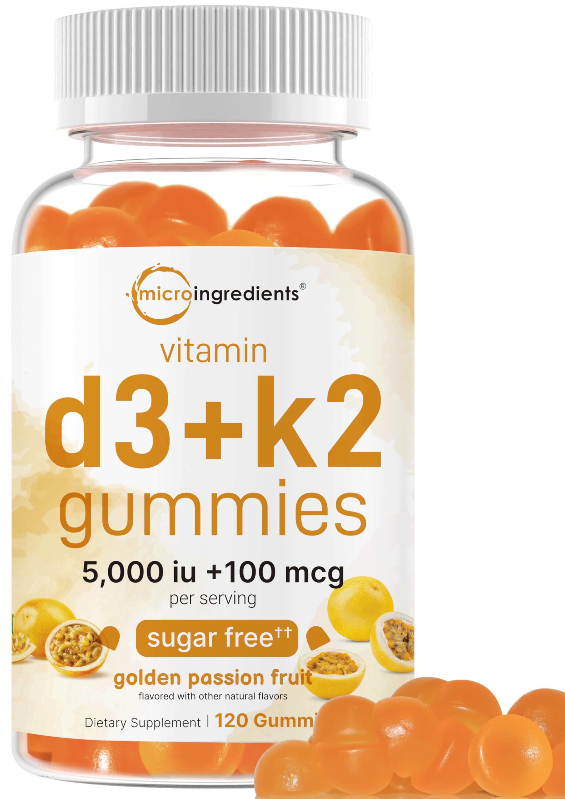 Micro Ingredients Vitamin D3 K2 Gummies bottle front highlights golden passion fruit flavor and daily bone support.