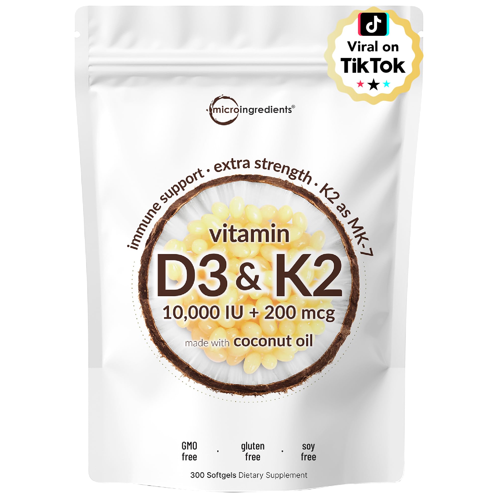Micro Ingredients vitamin D3 softgels bottle showing high-potency 10,000 IU and 200 mcg K2.